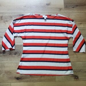 LOFT Vibrant Red, White and Navy Striped Blouse Size Small